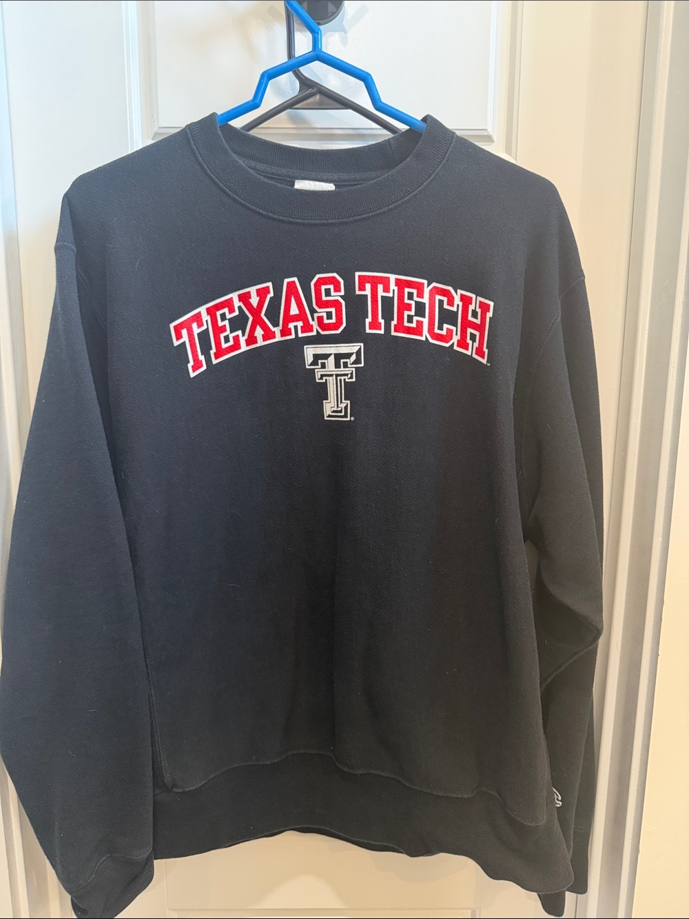 Champion Black Crewneck Sweatshirt with Red Texas Tech Lettering
